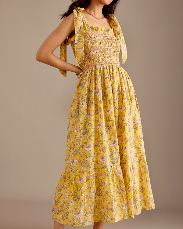 Robe midi  bretelles noues et  fleurs jaune