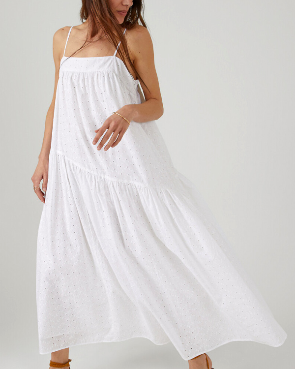 Robe longue  fines bretelles, broderie anglaise blanc