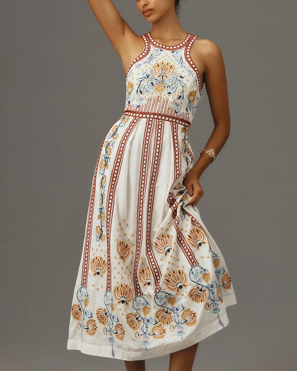 Robe Mi-Longue Anthropologie Brode Dos-Dcoup