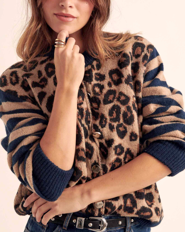 Cardigan Idole rayures bleu et lopard